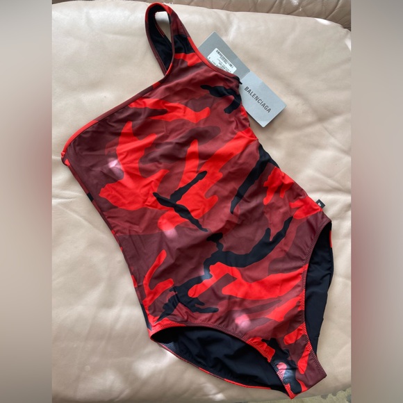 BALENCIAGA Asymmetric One Piece Swimsuit in black and red - size small - NWT - Picture 1 of 4